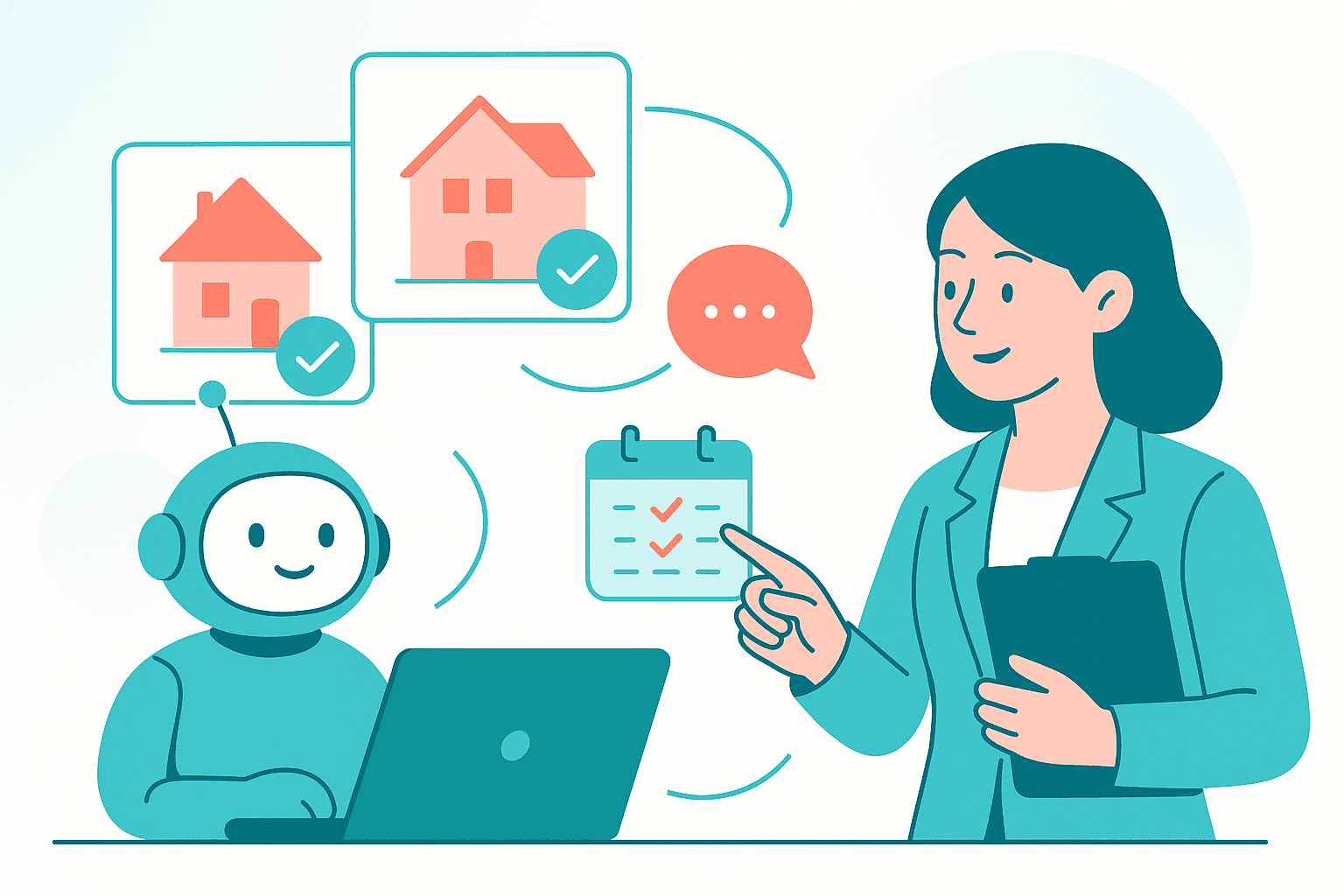 Abstract illustration of an AI assistant helping a UK estate agency qualify leads and schedule property viewings
