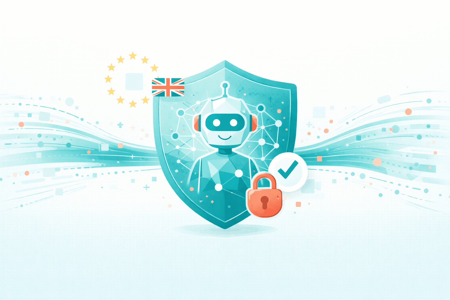 Abstract illustration showing AI security with shield, lock and data protection elements