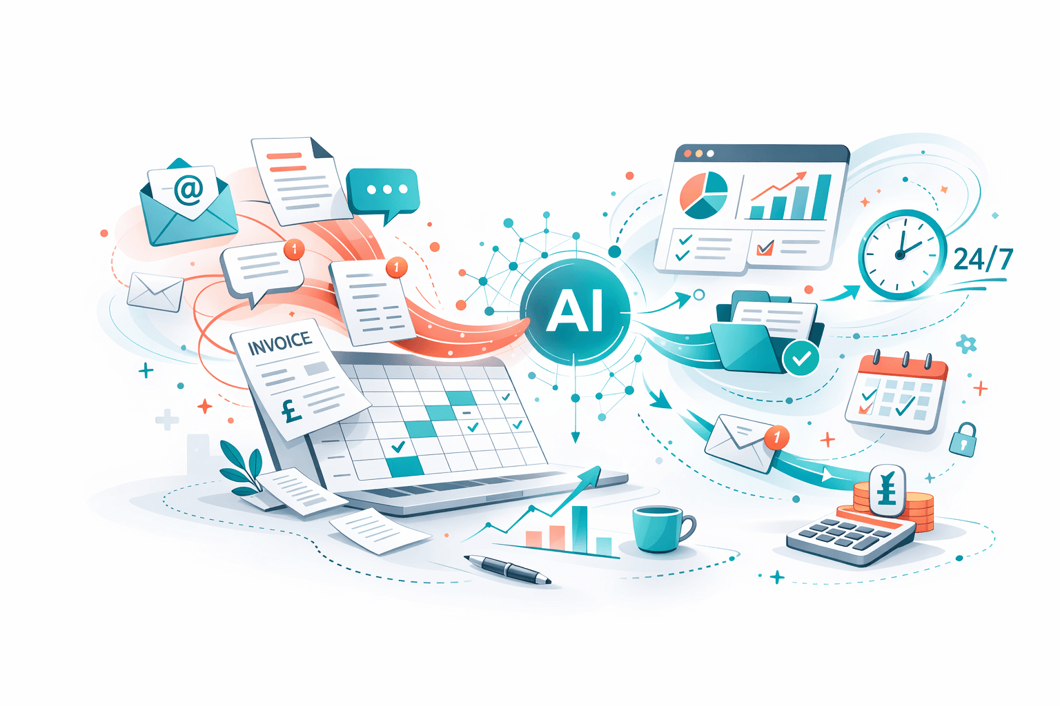 Abstract illustration showing AI automation in accounting practice with financial and communication elements