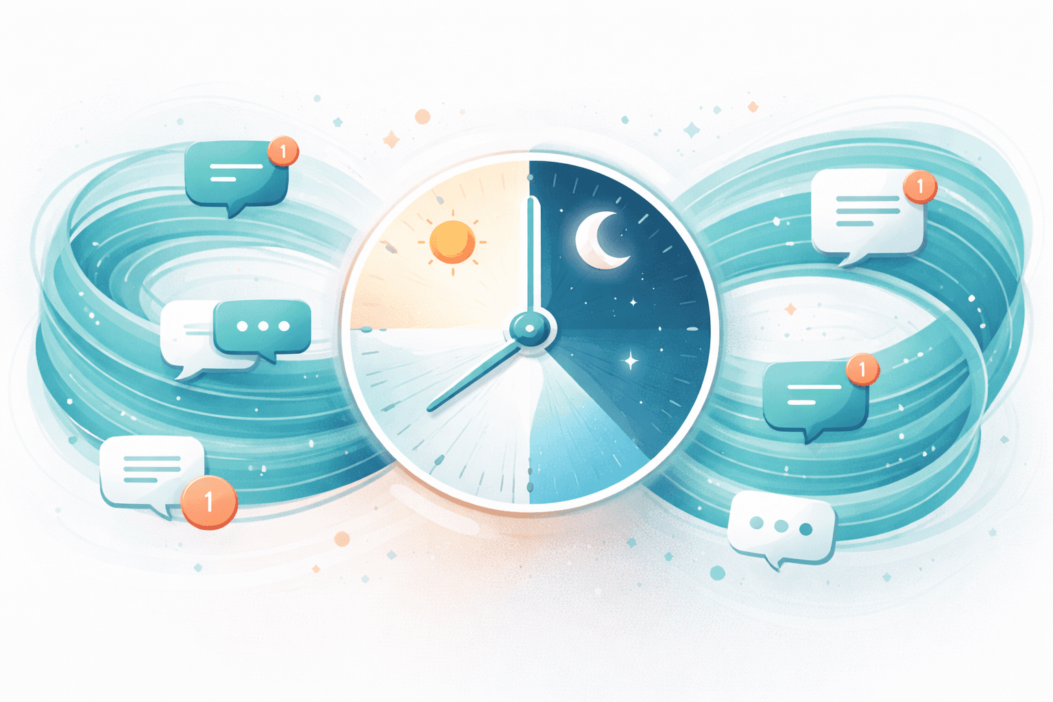 Abstract illustration showing customer messages being handled around the clock day and night